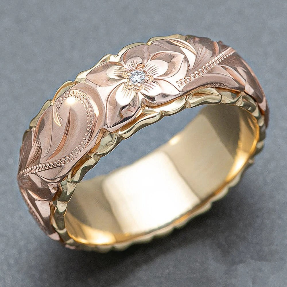 Anillo Vintage de Flor Grabada en Oro Rosa