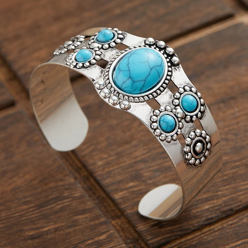 Pulsera Vintage Abierta Ajustable de Turquesa en Plata
