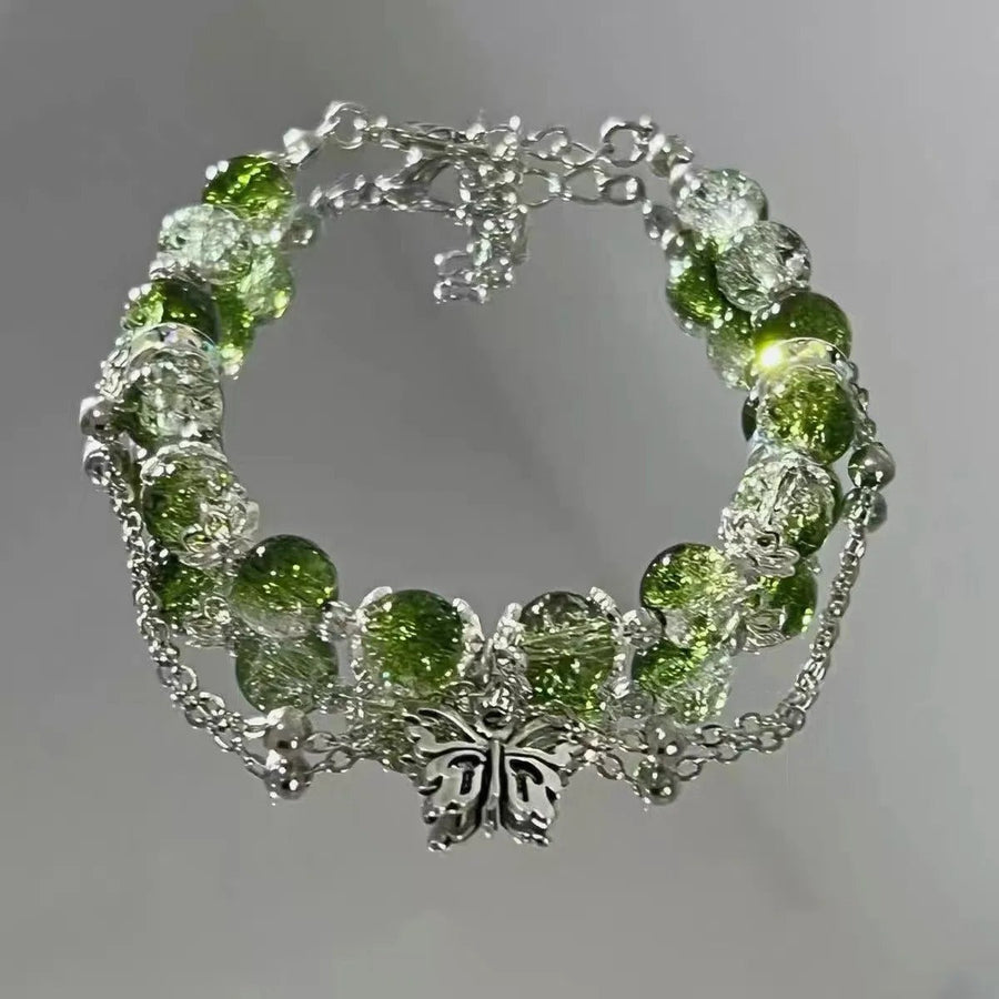 Pulsera Vintage de Mariposa & Cuenta Verde en Plata