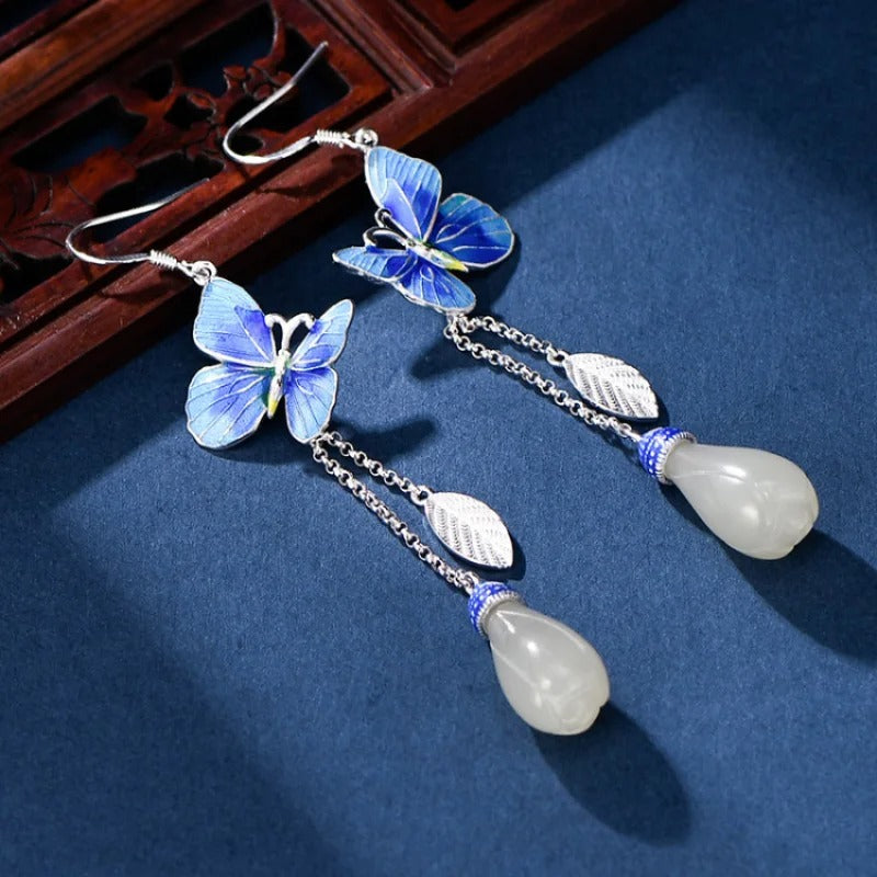 Aretes Vintage de Mariposa Azul en Plata & Borla