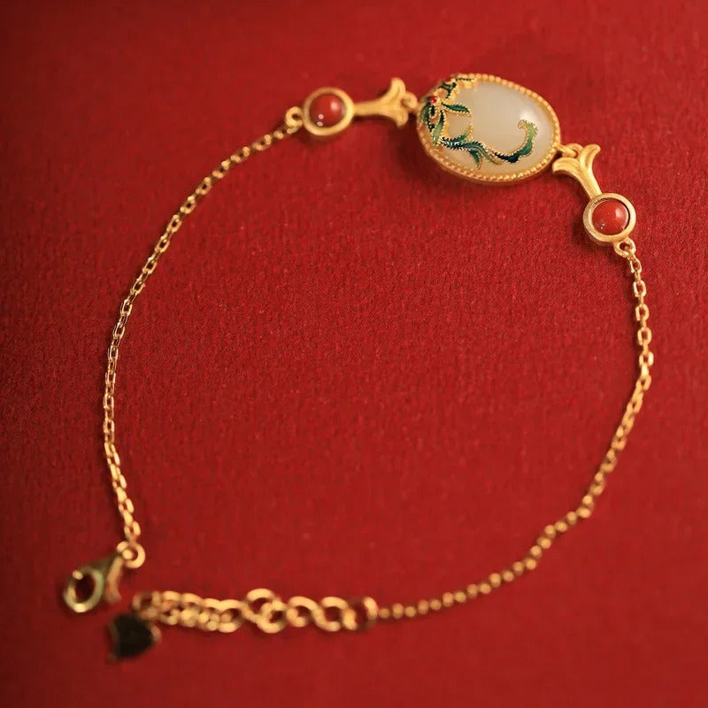 Pulsera Vintage Floral de Gema Verde & Coral Rojo en Oro