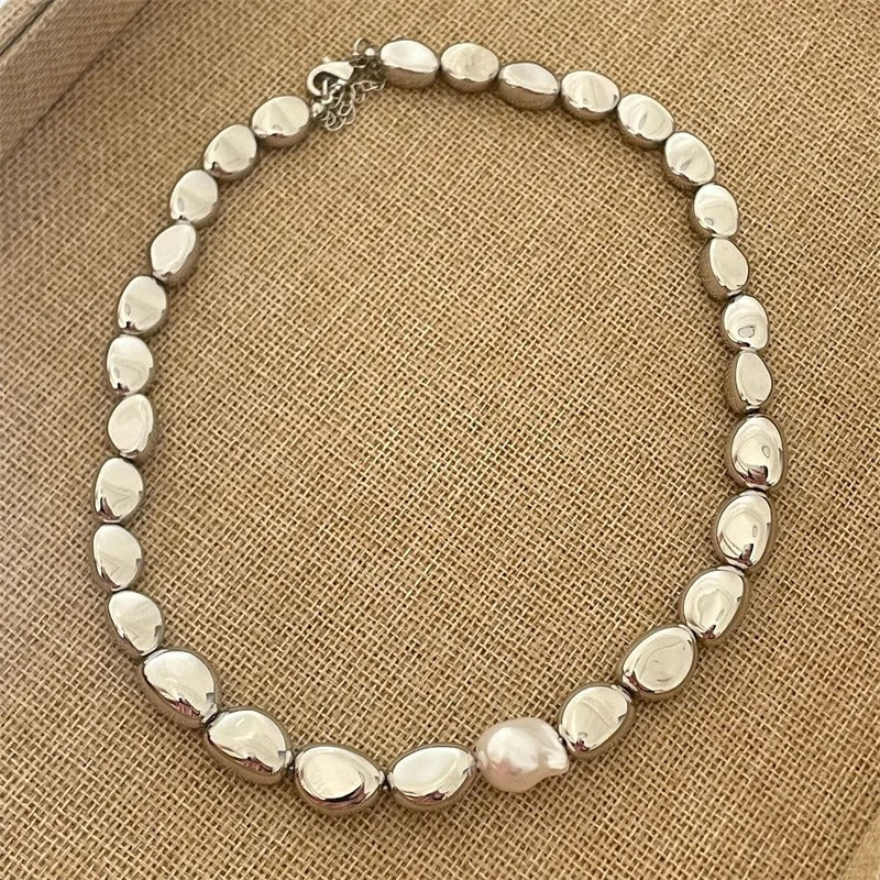 Collar de Perla & Cuentas en Forma de Gota en Plata Retro