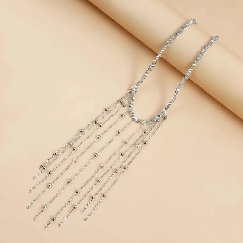 Collar de Flecos & Gotas de Cadena con Cuentas en Plata