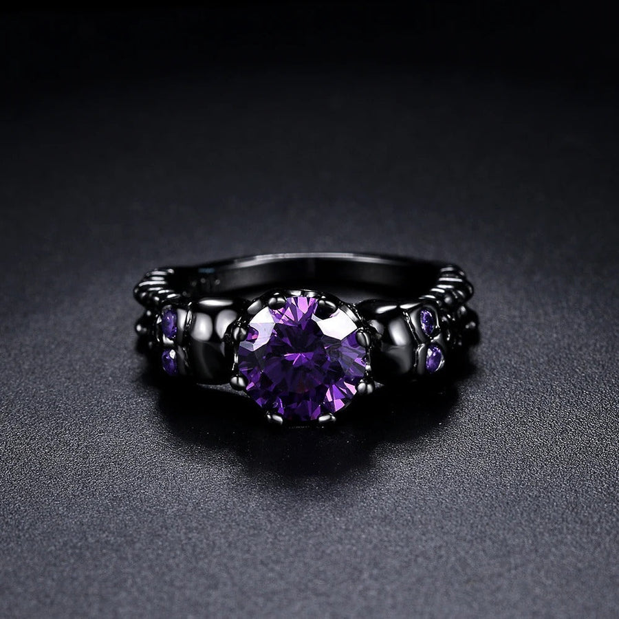 Anillo Vintage Negro de Piedra Preciosa Púrpura Redonda & Diseño Intrincado