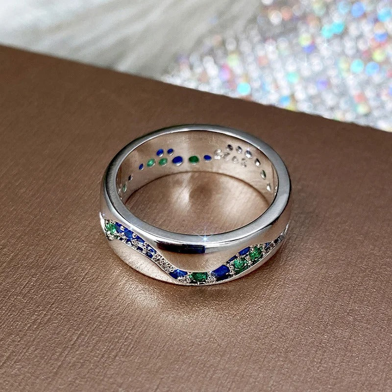 Anillo Vintage de Ola de Piedra Azul & Verde en Plata