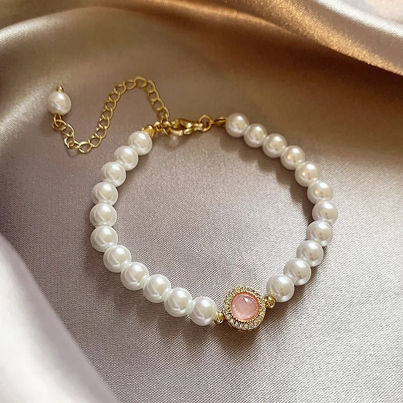 Pulsera Vintage de Cuarzo Rosa en Perla & Oro