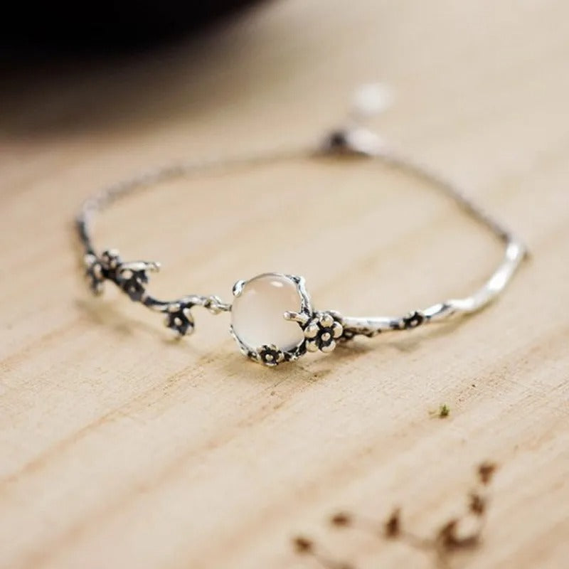 Pulsera Vintage de Rama de Flor en Plata