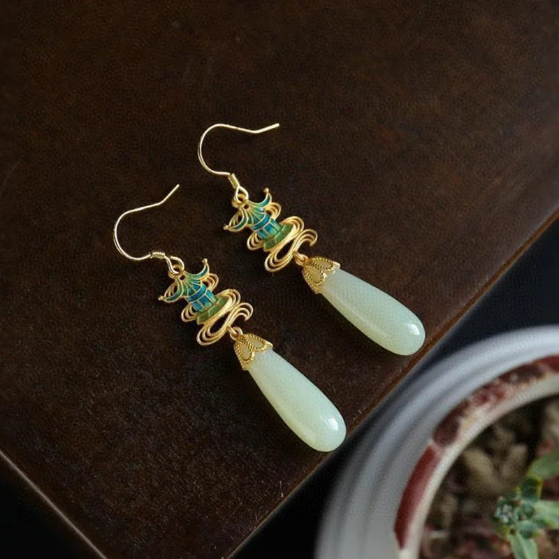 Aretes Clásicos Colgantes de Jade en Oro & Verde Azulado