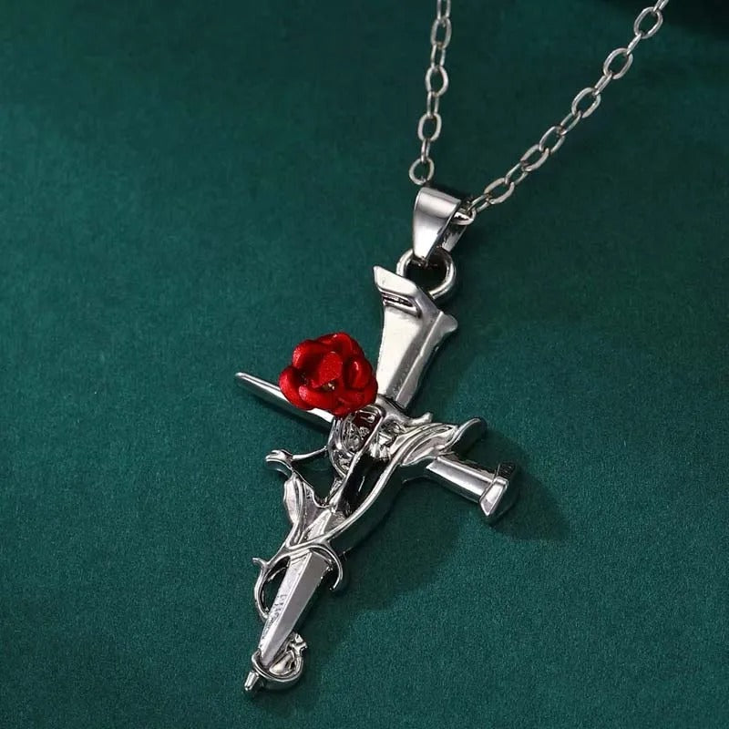 Collar de Cruz Religiosa & Espina de Rosa en Plata