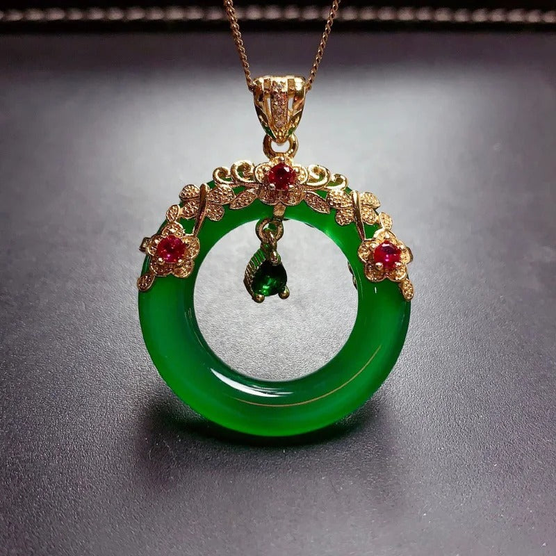 Collar Clásico de Dije de Anillo Floral de Cristal Verde