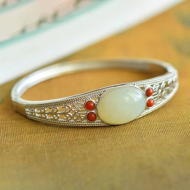 Brazalete Clásico de Piedra Verde & Coral en Plata