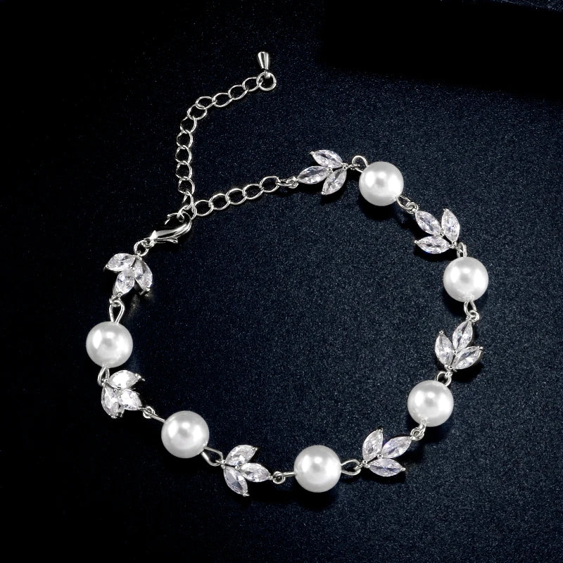 Pulsera de Hoja de Cristal & Perla en Plata