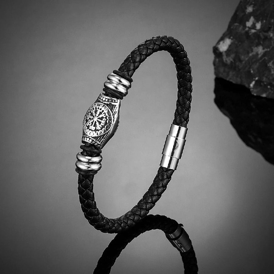 Pulsera de Cuero Trenzado Negro con Brújula Vikinga