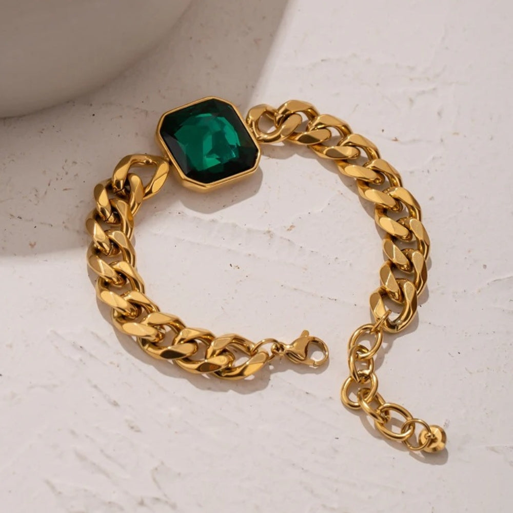 Pulsera Vintage de Cadena con Piedra Verde en Oro