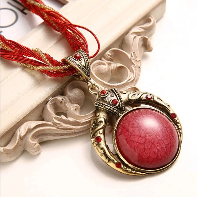 Collar Vintage de Dije Boho de Piedra Roja