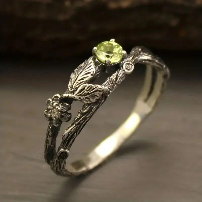 Anillo Vintage de Hoja de Piedra Verde en Plata