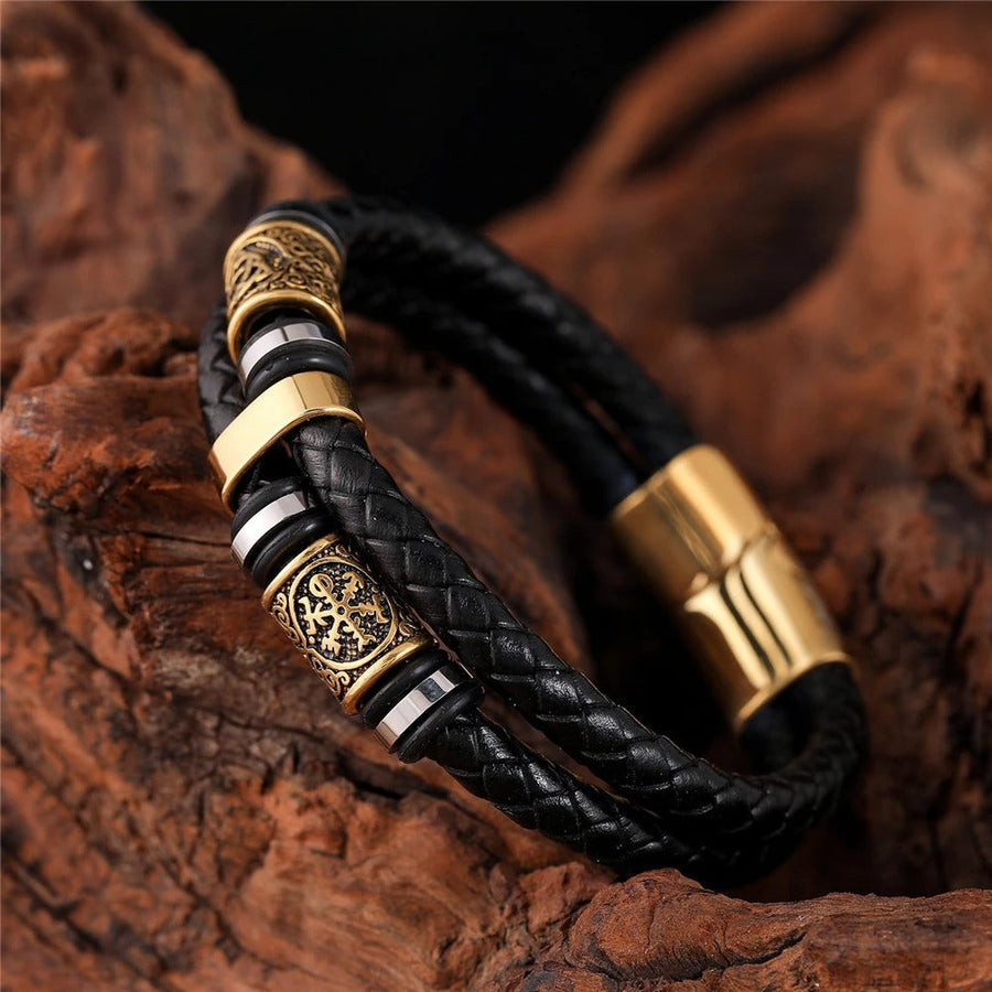 Pulsera de Cuero Tejido Negro & Charm en Oro