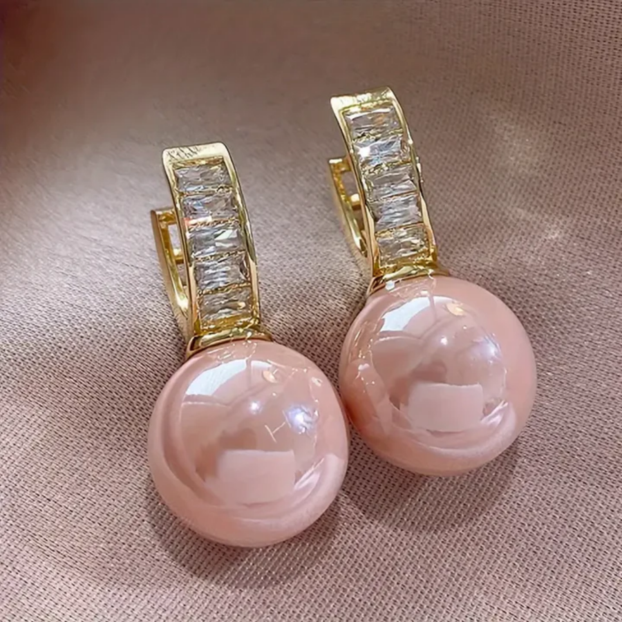 Aretes de Perla Rosa y Zirconia en Oro
