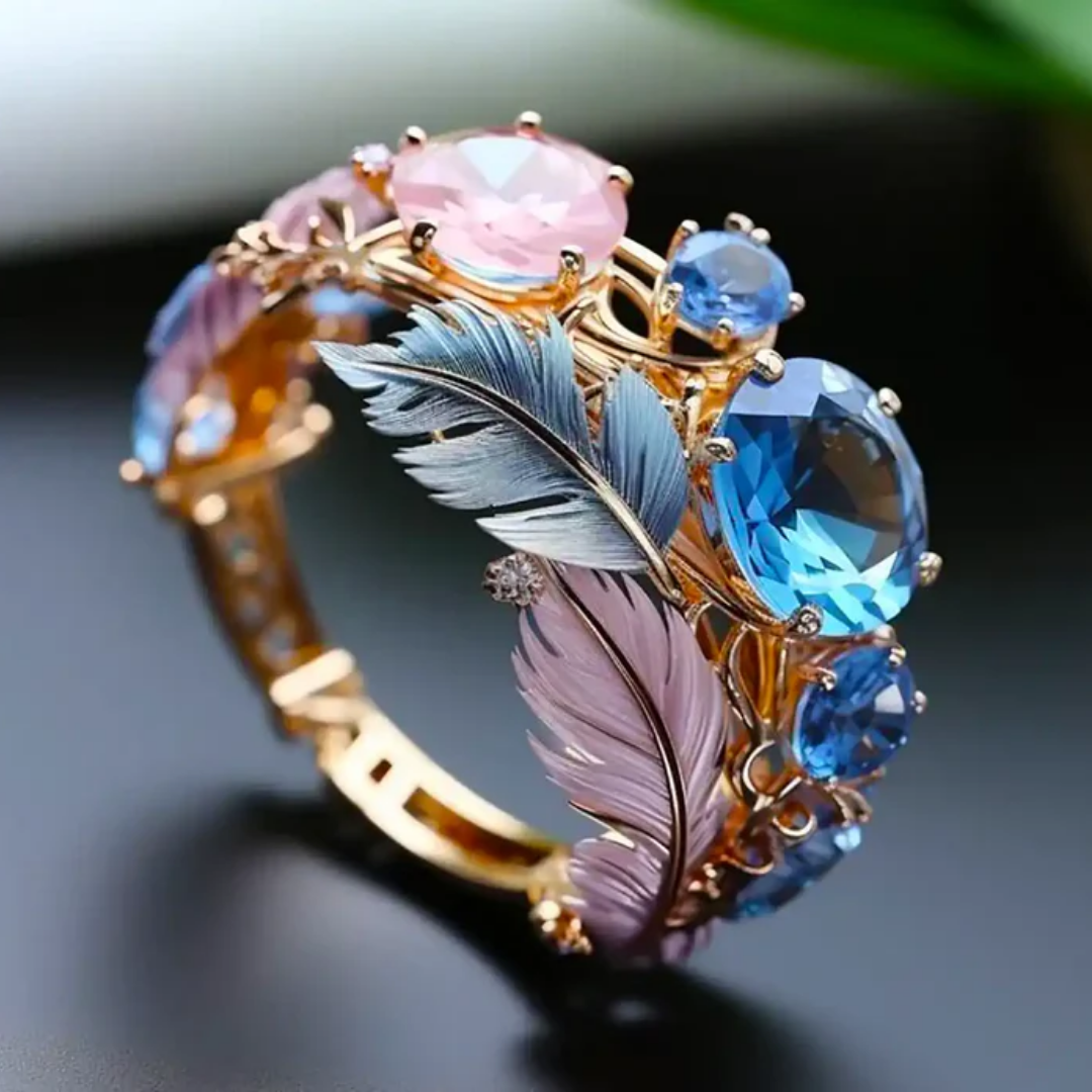 Anillo Vintage de Pluma Exótica y Cristal