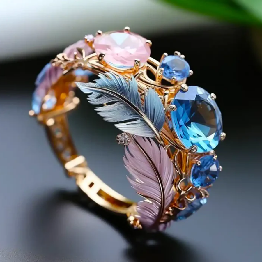 Anillo Vintage de Pluma Exótica y Cristal