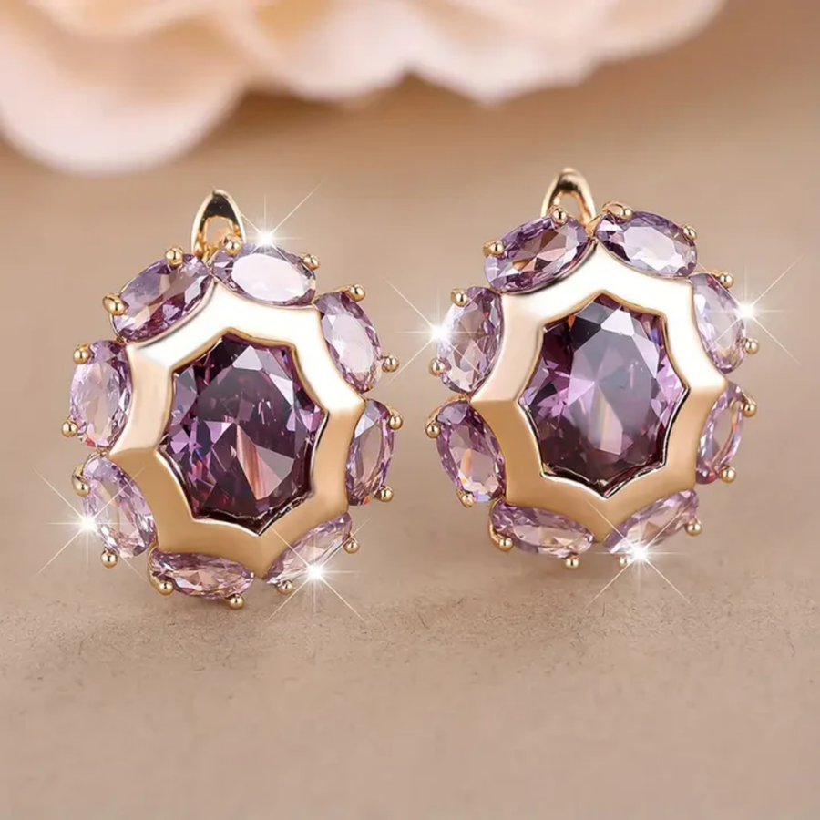 Aretes de Zirconia Violeta Redondeada en Oro