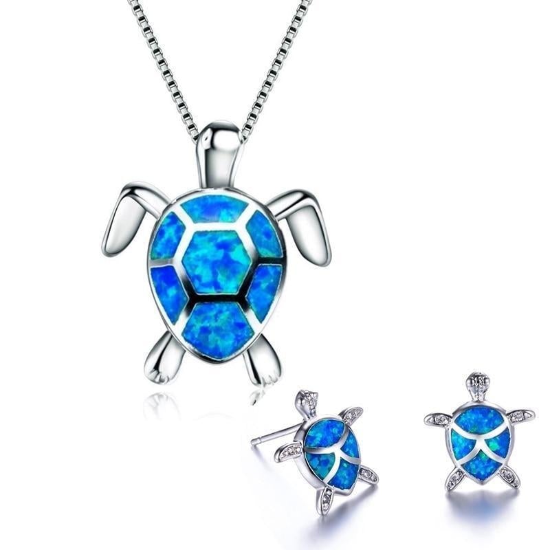 Set de Collar + Aretes de Tortuga Marina en Ópalo y Plata | Joyería Sostenible Inspirada en el Océano
